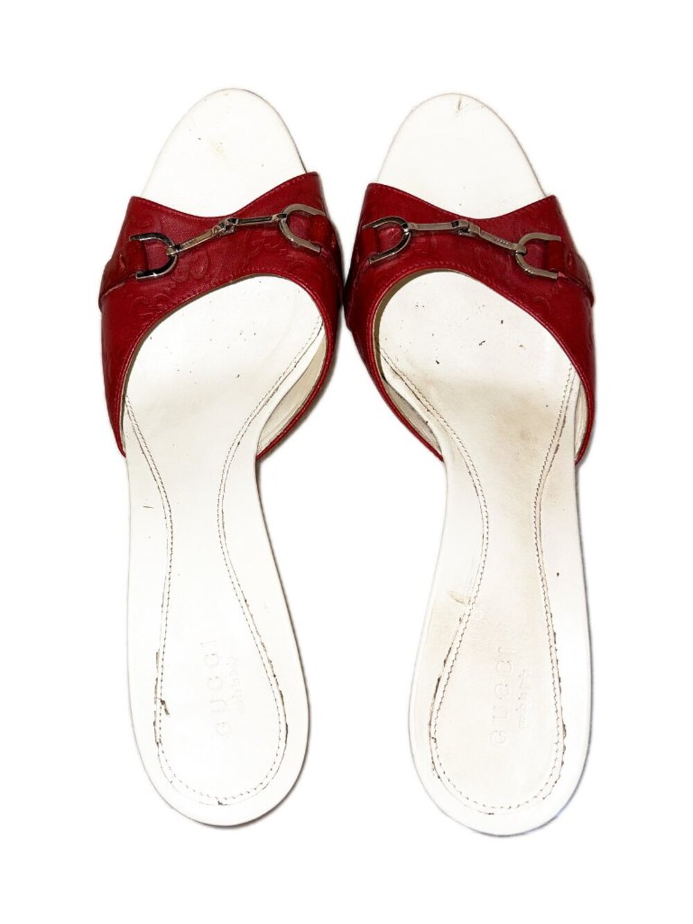 Gucci Guccissima GG Horsebit Peep Toe Mule Heels Red Leather 39.5 C US 9.5